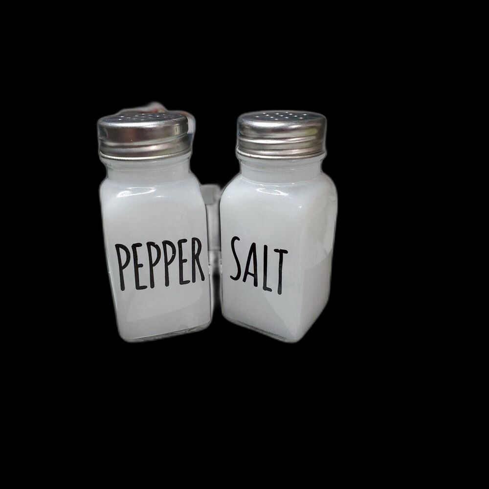 Vintage Glass Salt and Pepper Shakers Set White with Stainless Steel Lids